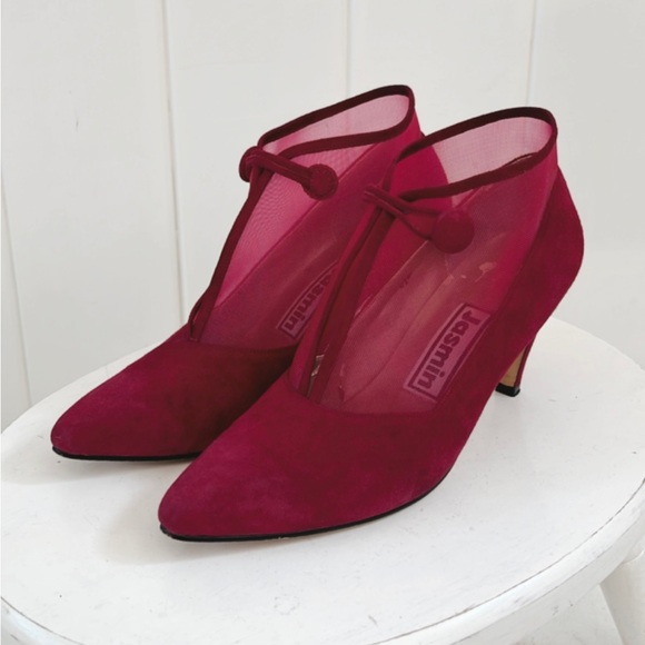 Vintage Jasmin Leather Mesh Booties Magenta Pink Heels Women 6.5 Fairycore - Picture 4 of 13